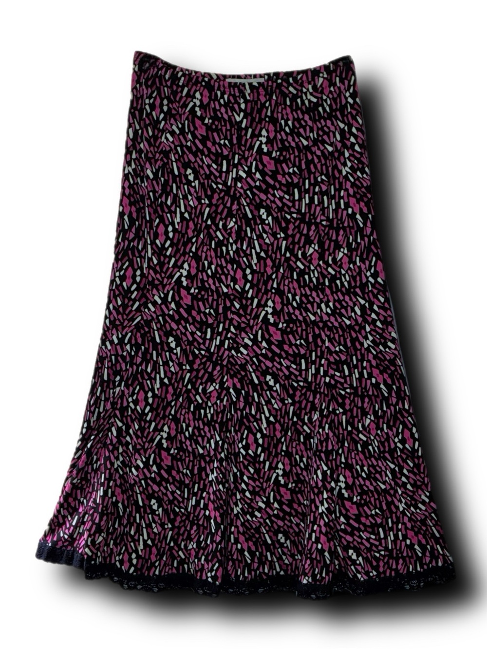 Notations Black & Pink Slinky A-Line Midi Skirt w Lace Trim Y2K Vibes Whimsigoth